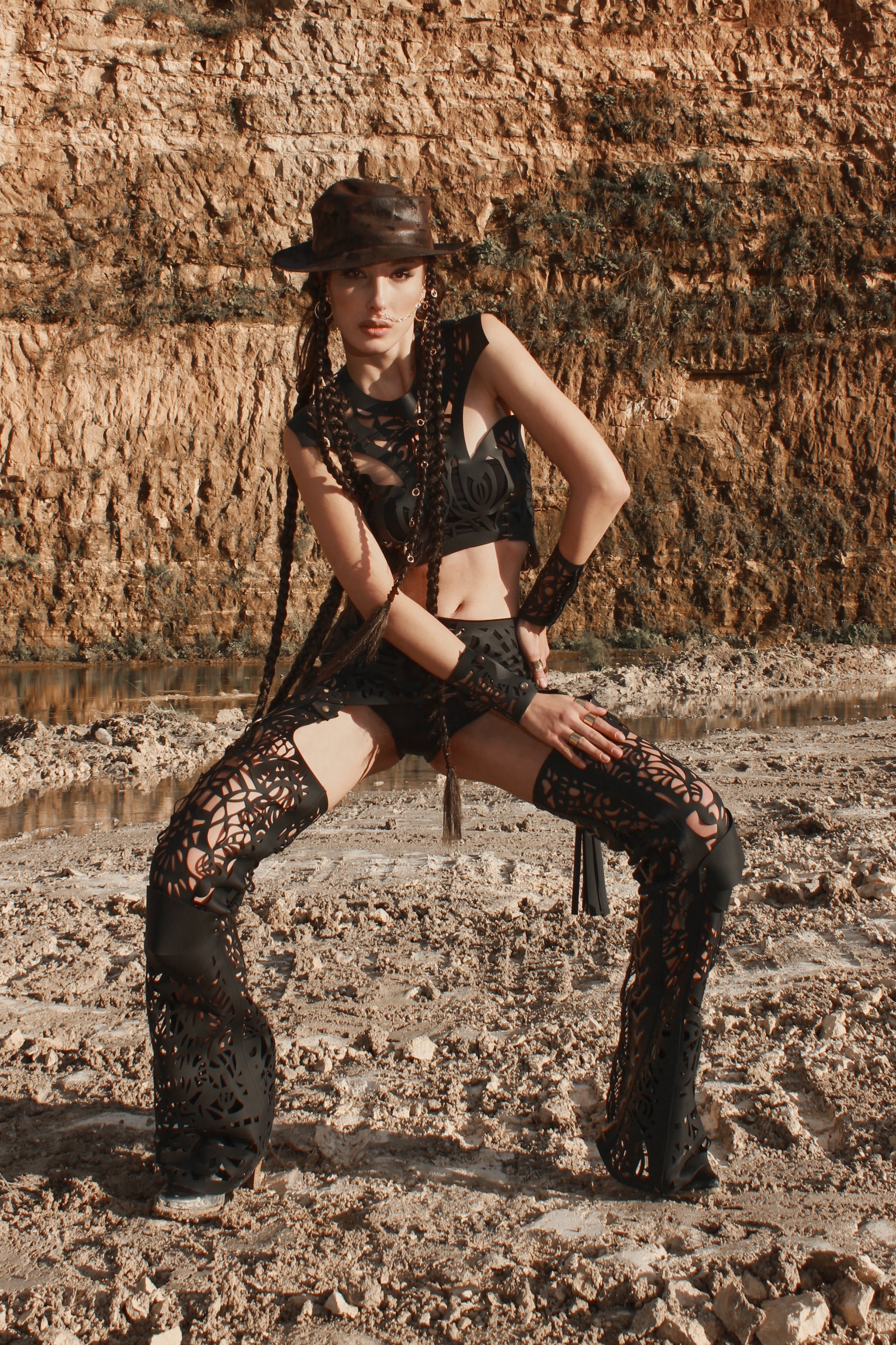 Flared leather trousers